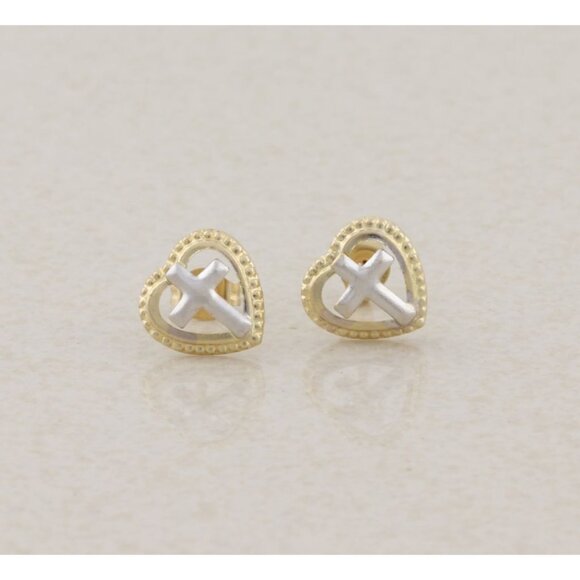 14k Yellow Gold & White Gold Heart Cross Earrings Stud Post 1/4" Round - Picture 1 of 9